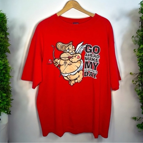 Vintage 90s Valentine’s Day Graphic Tee Cupid Cartoon Red Single Stitch USA L - Picture 3 of 11